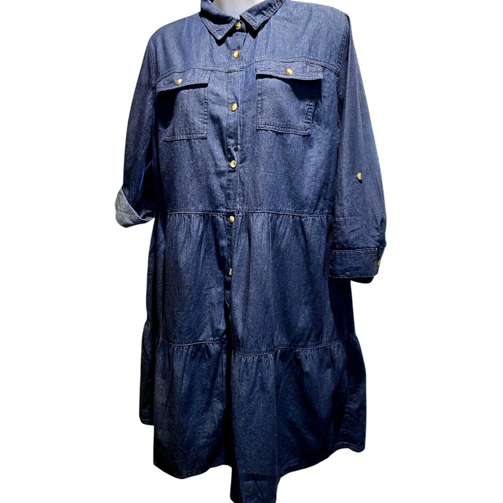 Millenium Dark Chambray Dress L Swing Collared 3/4 Sleeve Roll Tab‎ Button